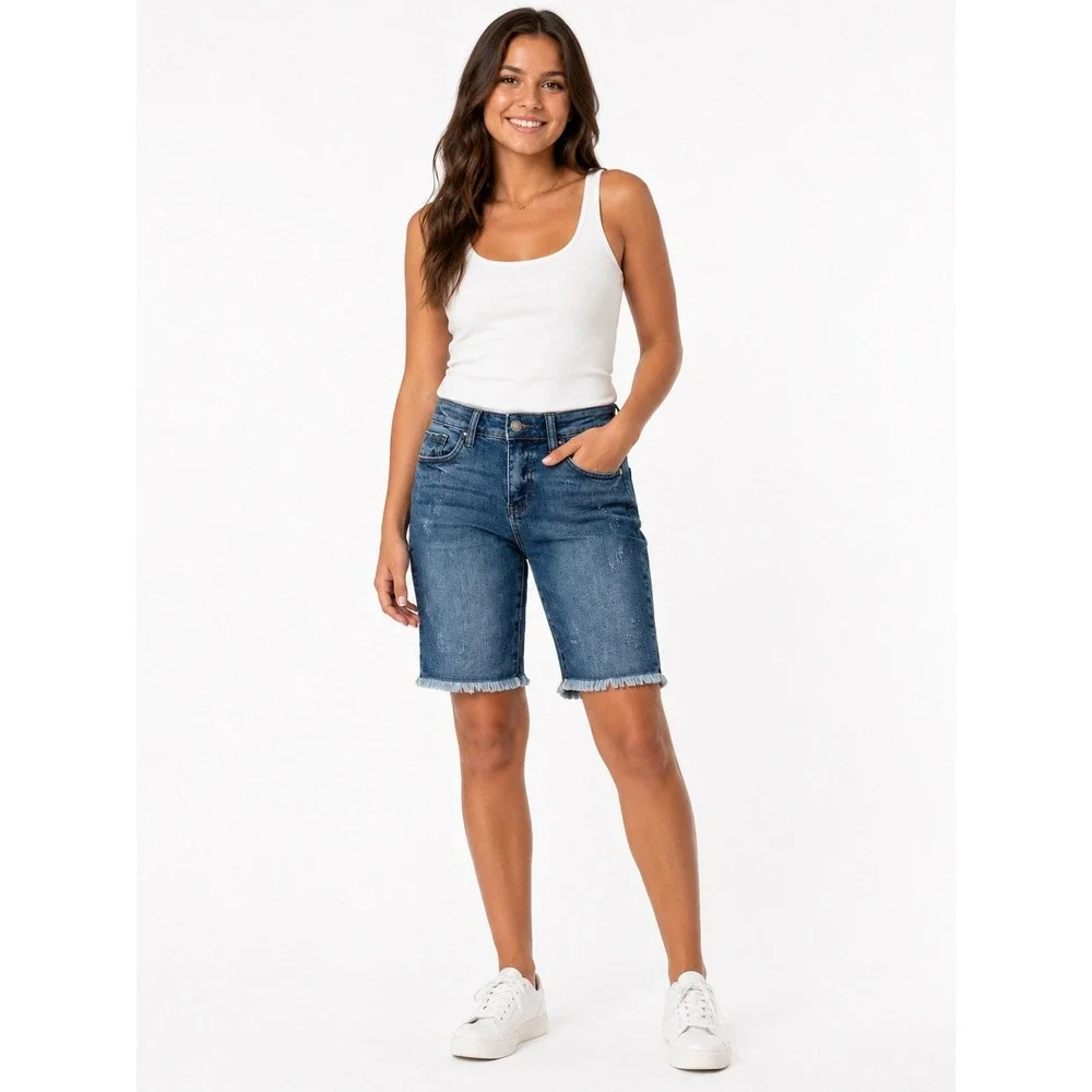 Judy Blue Bermuda‎ Shorts Women's 27 or Small High Rise Stretch Denim Raw Hem